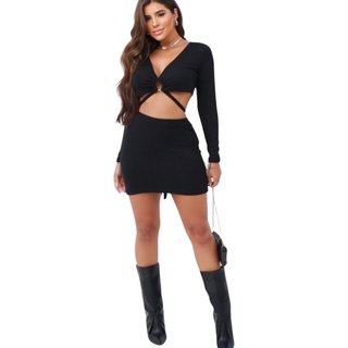 Conjunto Canelado Malha Grossa Summer Body Top argola Gringa Manga Longa Com Saia Mini Curta Bloqueira Preto