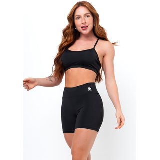Conjunto Fitness Top Alça Short Legging Blackout Cós Alto Feminino Liso Academia - Preto