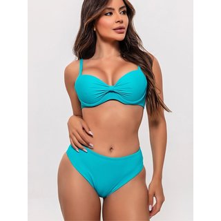 Biquíni Feminino Orla da Praia Com Bojo Meia Taça e Calcinha Cintura Média Ciano