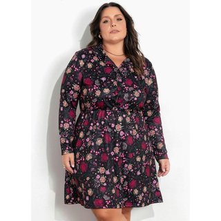 Vestido Com Botões Plus Size Floral Preto Marguerite