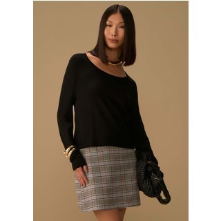 Blusa Maria Valentina Ajustada Decote Canoa Manga Longa Padrão Preto