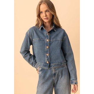 Camisa Jeans Curta De Mangas Longas Com Botões