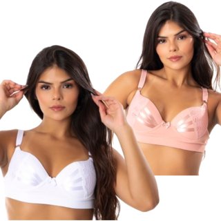 Kit 2 Sutiã De Bojo Reforçado Reflexo Íntimo Com Bojo Detalhes Em Fita Cetim Branco e Rosa