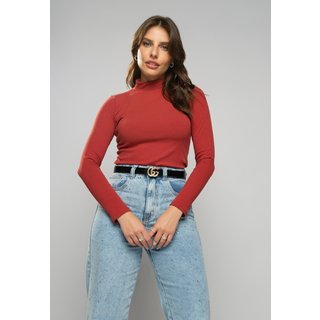 Blusa Salvatore Gola Alta Manga Longa Malha Canelada Terracota