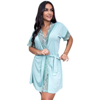 Robe de Luxo Microfibra Com Renda Hobby Roupão Roupa de Dormir com Cinto Lingerie Sexy para Noite Especial - VERDE