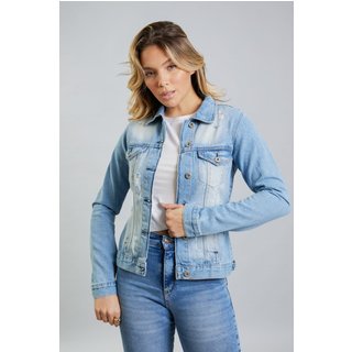 Jaqueta Jeans Feminina Destroyed Com Bolso Lemier Collection Azul
