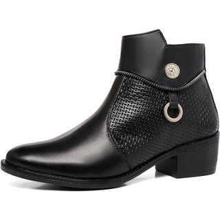 Bota Cano Curto Feminina Ferrile em Couro Salto Bloco Ziper Preta Café