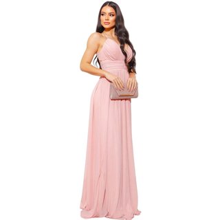 Vestido Festa Longo Mayse Frente única Micro Tule para Madrinhas Rosa