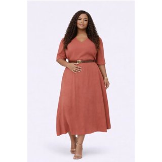 Vestido Midi Plus Size D Bell Outlet Fashion Gola V Com Cinto Rosa