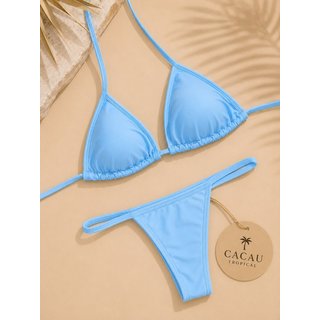 Biquíni Azul Feminino Cortininha Ajustável - Perfeito para Bronzeamento Verão Praia