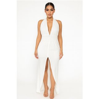 Vestido Longo Frente Única com Fenda em Renda Artesanal