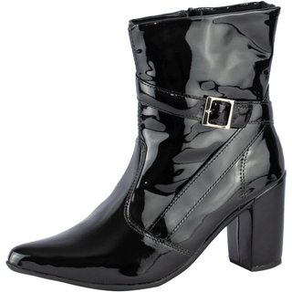 Bota Coturno Feminina Lumiss Bico Fino Salto Alto Grosso Confortável Verniz Preto
