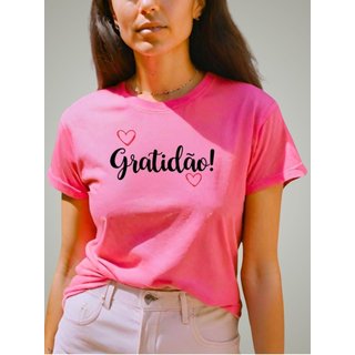 Camiseta Plus Size Feminina Estampada GuGi Gratidão Blusinha Camisa Moda Rosa