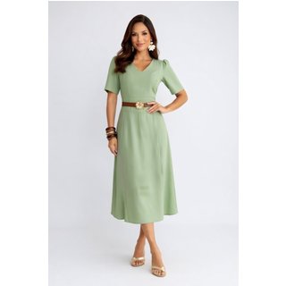 Vestido Midi D Bell Outlet Fashion Gola V Com Cinto Verde