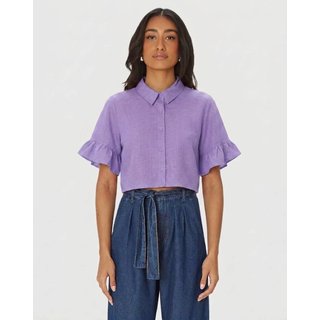 Camisa Cropped Feminina Manga Com Babado Em Tricoline