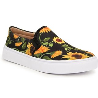 Sneaker Slip On Feminino Tênis Casual Versátil Sola Alta Flat Emborrachada Confortável Leve Preto/Amarelo