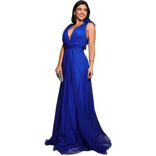 Vestido Longo de Festa Micro Tule com Brilho Madrinhas Decote em V Greice Azul Bic