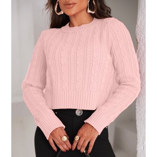 Blusa Cropped Cherry Line Tricô Trança Manga Longa Rosa Claro
