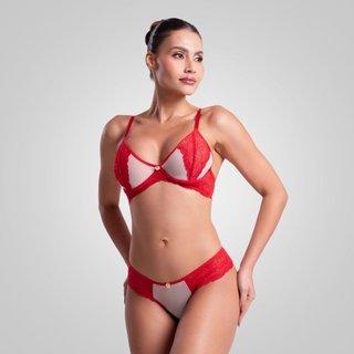 Conjunto Renda e Tule Sem Bojo Fio Dental Sexy Calcinha e Sutia Sara Vermelho