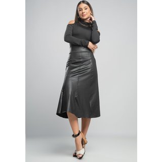 Saia MVB Modas Midi Godê Rodada Cintura Alta Cirrê Preto