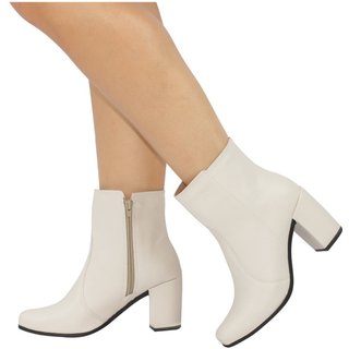 Bota Feminina Cano Curto Confortável Amorelle Salto Alto Grosso Bico Quadrado Off White