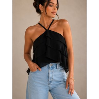 Cropped Feminino Babado SKR MODA FEMININA Moda Blogueira Preto