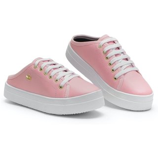 Tênis Mule Casual Feminino Solado Flat Amarração Confortável Prático Versátil Rosa