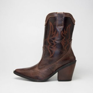 Bota Leruchel Texana Bordada em Couro Chocolate