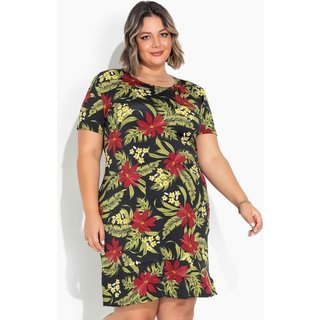Vestido Com Babado Plus Size Floral Preto Marguerite