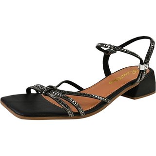 Sandália Feminina Salto Bloco médio Tiras Strass Brilho Colorido Elegante Confortável Casual Festas Preto