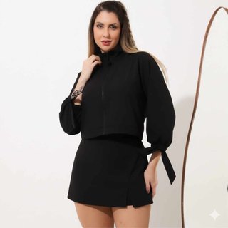 Conjunto Feminino Animal Print Jaqueta Bomber e Short Saia Preto