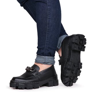 Sapato Mocassim Tratorado Oxford Feminino Fivela Preto
