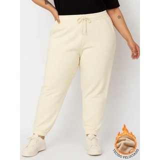 Calça de Moletom Feminina Plus Size Jogger Tecido Flanelado com Bolso Creme Calça de tamanho grande para mulher