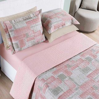 Kit Cobre Leito Colcha Casa Scarpa Maris Queen Estampado Dupla Face Percalle 200 Fios 3 Peças Quadri Rosê