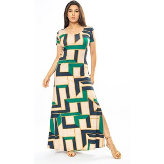 Vestido Longo Cabanafree Malha Gola Canoa Manga Curta Estampa Chapada de Areia