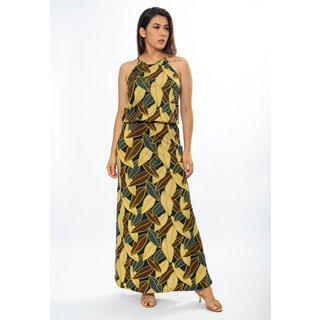 Vestido Longo Cabanafree Malha Trapézio com Elástico na Cintura Folhas de Outono