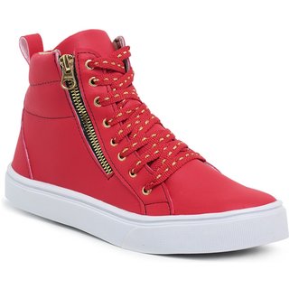 Sneaker Tênis Casual Botinha Feminina Cano Alto Sola Alta Emborrachada Zíper Lateral Amarração Vermelho