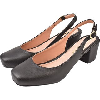 Sapato Scarpin Aberto CM Calçados Bico Quadrado Salto Confort Fivela Preto
