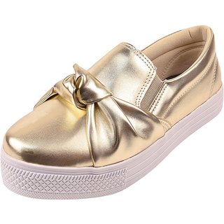 Tênis Casual Feminino Calce Fácil Dia a Dia Laço - Dourado