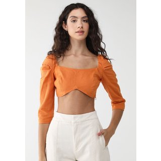 Blusa Cropped Linho Lez a Lez Ajustada Recorte Laranja