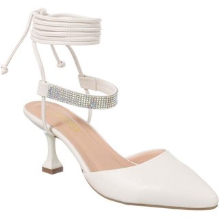 Scarpin Bico Fino Salto Taça Baixo Strass Amarrar Confort Off-white