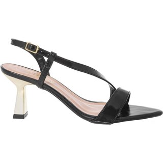 Sandália Feminina Stessy Salto Taça Cromado Bico Folha Elegante Premium Preto