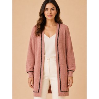 Cardigan Feminino Lapetry em Tricot Alongado Texturizado com Detalhes Contrastantes Nude