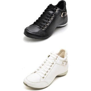 Kit 02 Botas Feminina Cano Curto Couro Esportiva Peccato DFT Kit Top Confort 2 Fivela Preto/Branco