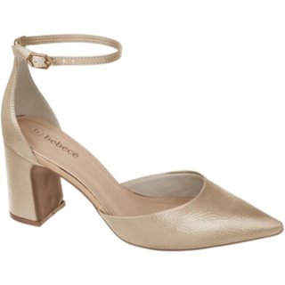 Sapato Feminino Nude Verniz Salto Bloco Grosso Bico Fino cê