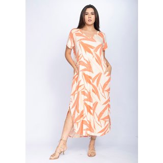 Vestido CabanaFree Midi Abapã Malha com Bolso Estampa Verde Selvagem Laranja