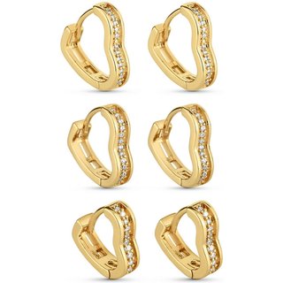 Trio De Brincos Semijoia Argolas Coração Com Zircônias (12-14-16Mm) Banhado A Ouro 18K Br045-001 Dourado