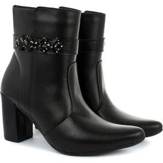 Bota Bico Fino Salto Fashion Com Pedraria Confortável Olzzy BF-0154 Preto