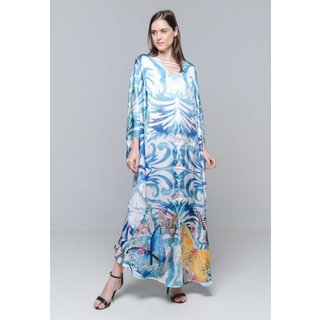 Vestido KAFTAN Longo Crepe Estampado EXCLUSIVO Grafismo Azul