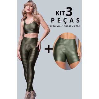 Combo WLS Modas Kit 3 Peças Fitness Feminino Conjunto Academia com Legging, Short e Top Bojo Removivel em New Zig Brilhoso Verde